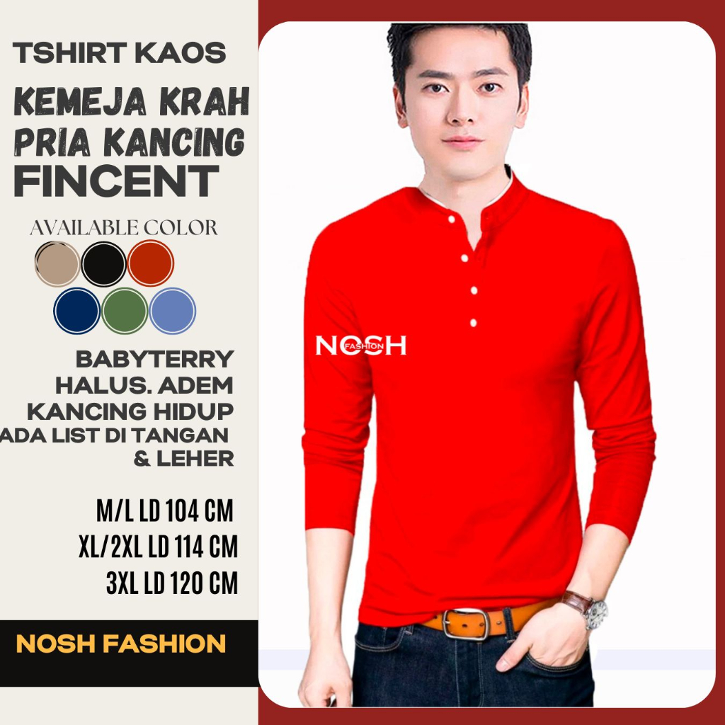 Tshirt Kaos Pria  Lengan Panjang Korea Style Variasi Kancing Fincent - NOSH / Tshirt Pria Jumbo Ready