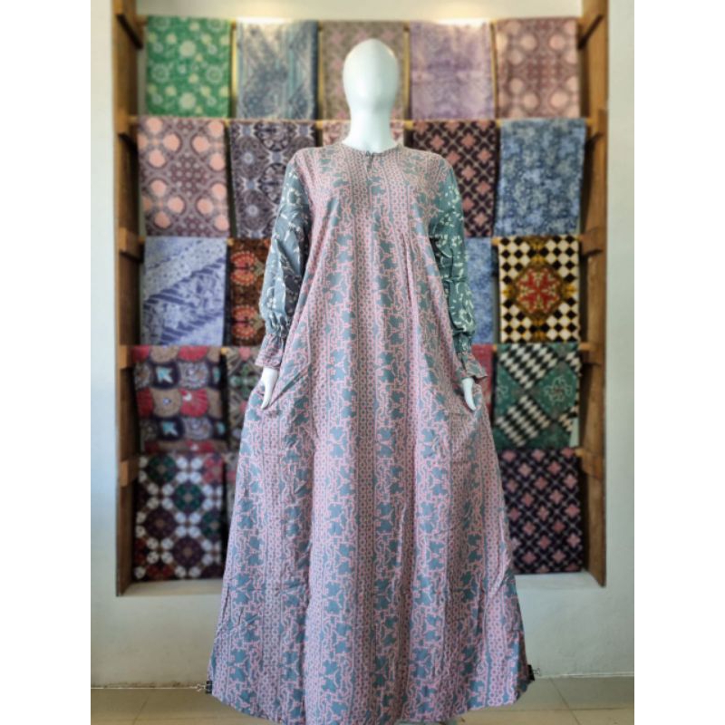 NADIYA Gamis Batik Cap Soft Rayon Premium Candi Mekar Ld 115 Pb 140 Jumbo Busui Resleting Depan Saku