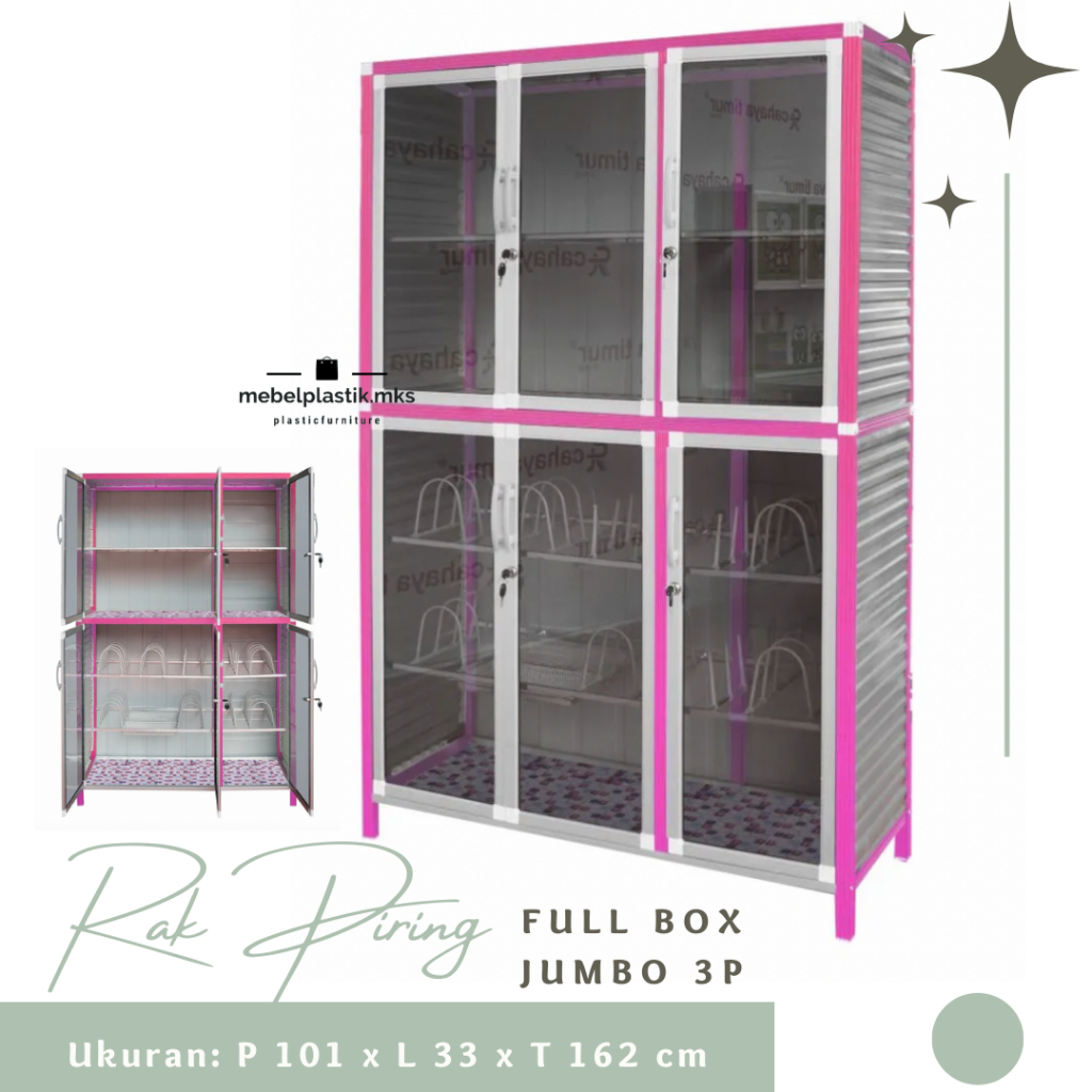 Rak Piring Full Kaca 3 Pintu 2 Pintu Kunci Tiang Besar Holo/ Rak Dapur