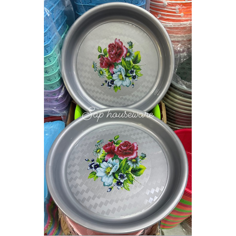 Nampan bulat bunga plastik/loyang bulat silver/tampah mini/nampan kecil bulat/nampan bulat victory