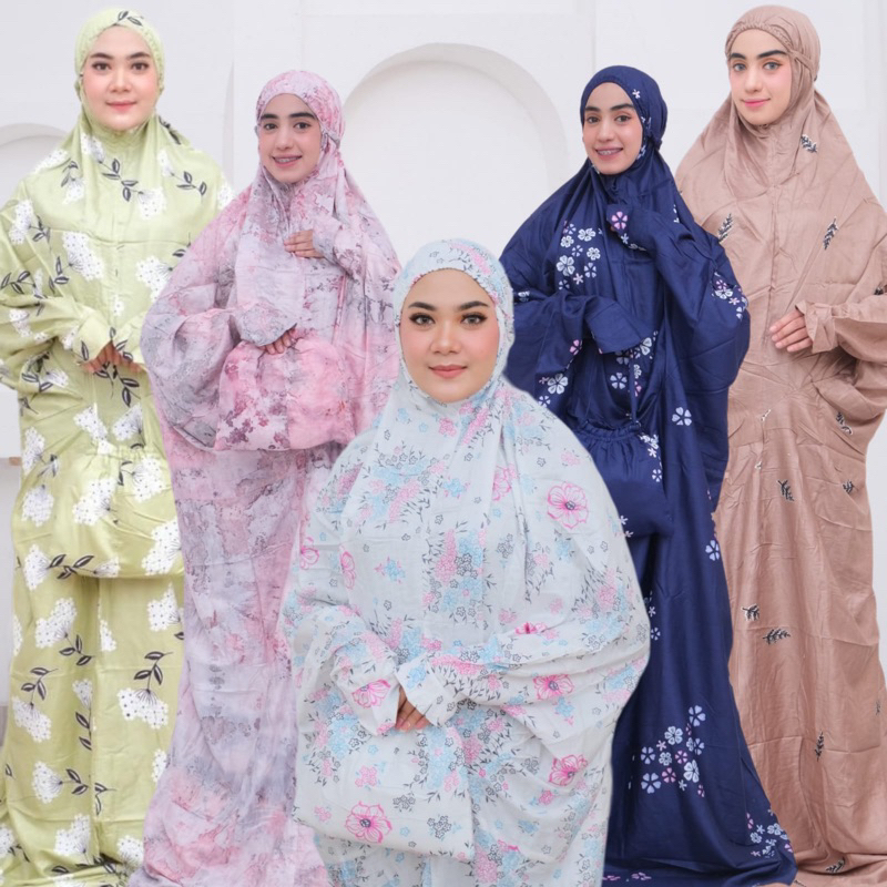 Mukena terusan rayon dewasa jumbo bahan dingin dipakai mukenah bali lajuran travelling