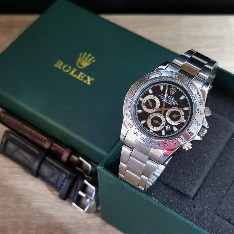 Jam Tangan Pria Rolex Fashion Anti Air Tali Rantai Tanggal Aktif Free Tali Kulit Box & Baterai Cadan