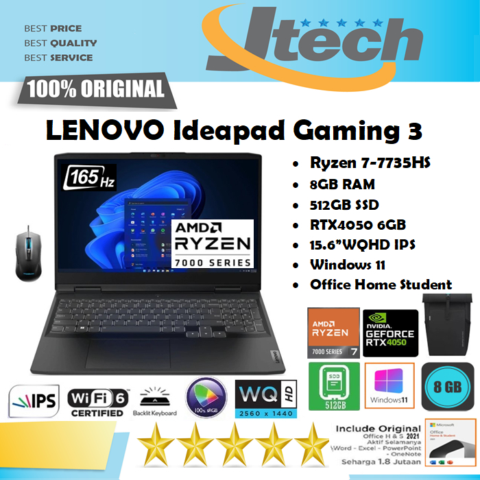 LENOVO Ideapad Gaming 3 - Ryzen 7-7735HS - RTX4050 6GB - 512GB SSD - 8GB - 15.6"WQHD IPS 165Hz 100%sRGB - W11 - OHS