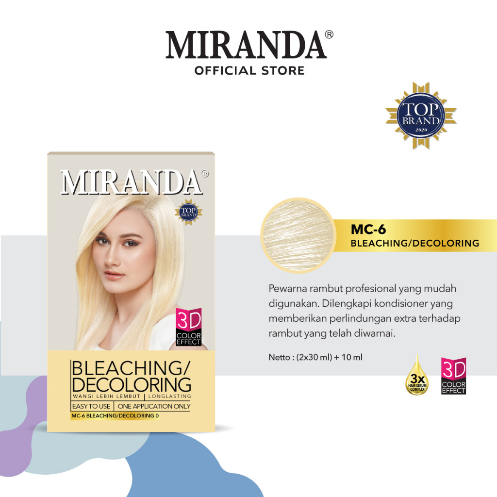 MIRANDA Hair Color Bleaching / Indonesia Cat Rambut Permanen 30g 60g / MC6 Warna Decoloring Putih / 