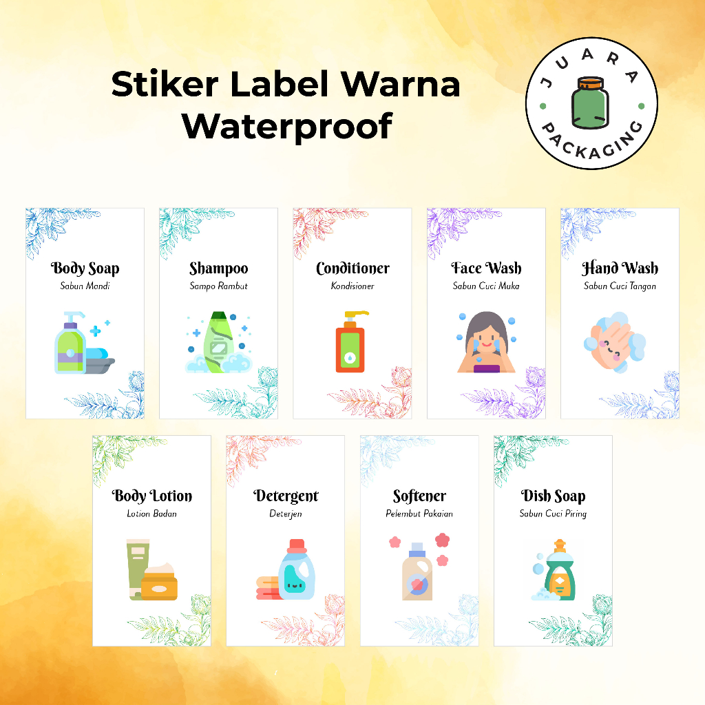 Stiker Label Warna Waterproof Bahan Vinyl – Label Tahan Air untuk Botol Sabun, Wadah Dapur, Perlengk