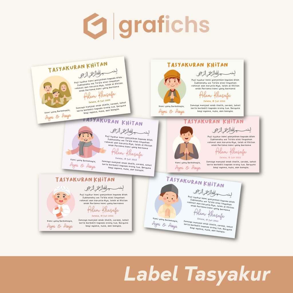 

[11 pcs] Stiker Kartu Label Tasyakuran Sunatan Khitan Free Desain dan Custom KT01 - KT06 by Grafichs