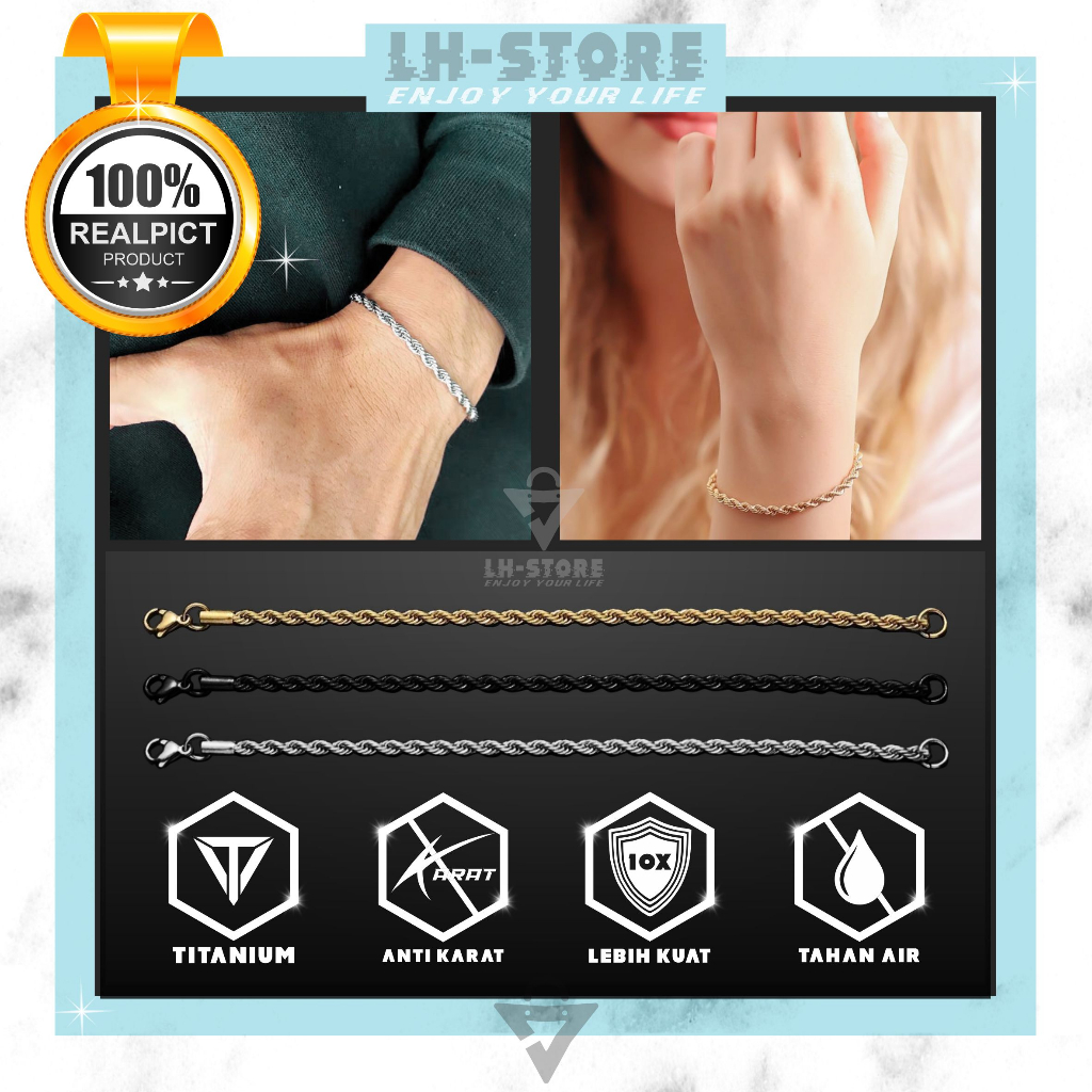 Gelang Rantai Titanium Tali Tambang Baja Tahan Karat Hitam Berlapis Emas untuk Pria dan Wanita