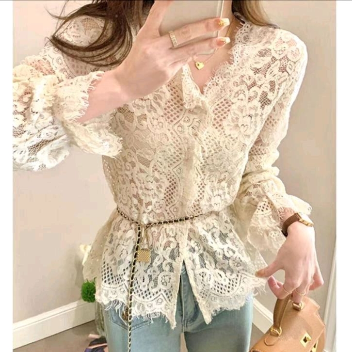 9672 Baju atasan BLOUSE SOLEDAD LACE BROKAT Lengan panjang Korea Korean style wanita import baju ata