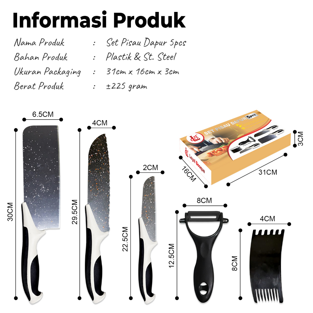 satu set pisau dapur tajam stainlis peso dapur 5 Pcs Stainless Steel Batu Maifan Premium Anti Lengke