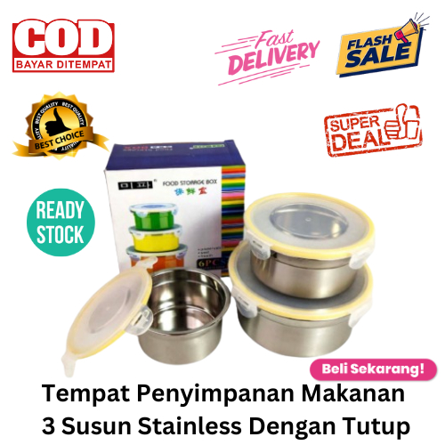 [BISA COD] DISKON Tempat Penyimpanan Makanan 3 Susun Stainless Dengan Tutup Kontainer Makanan Rantan