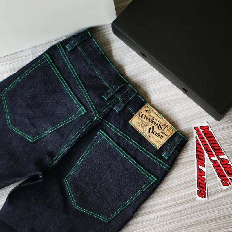 blue black indigo accent selvedge green line semi strect 14.oz