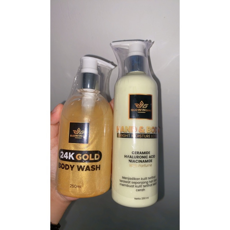 Sabun + Lotion GLOWINGIN Paket Whitening Express Body Lotion + 24K Gold Body Wash Glowingin