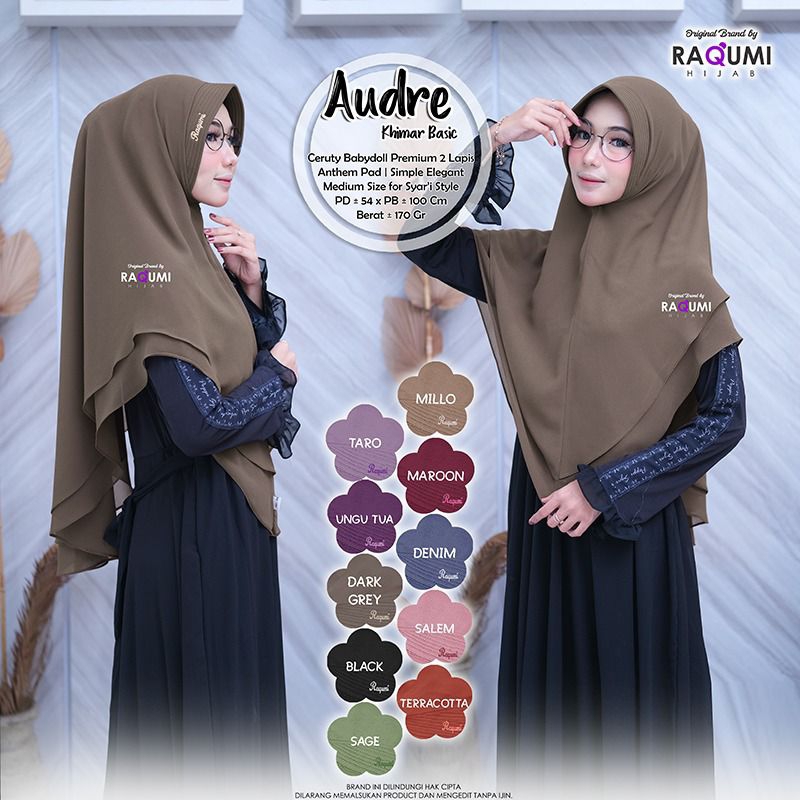 Audre Khimar Basic Berlabel ORI Raqumi Hijab Bahan Ceruty Babydoll premium 2 Lapis