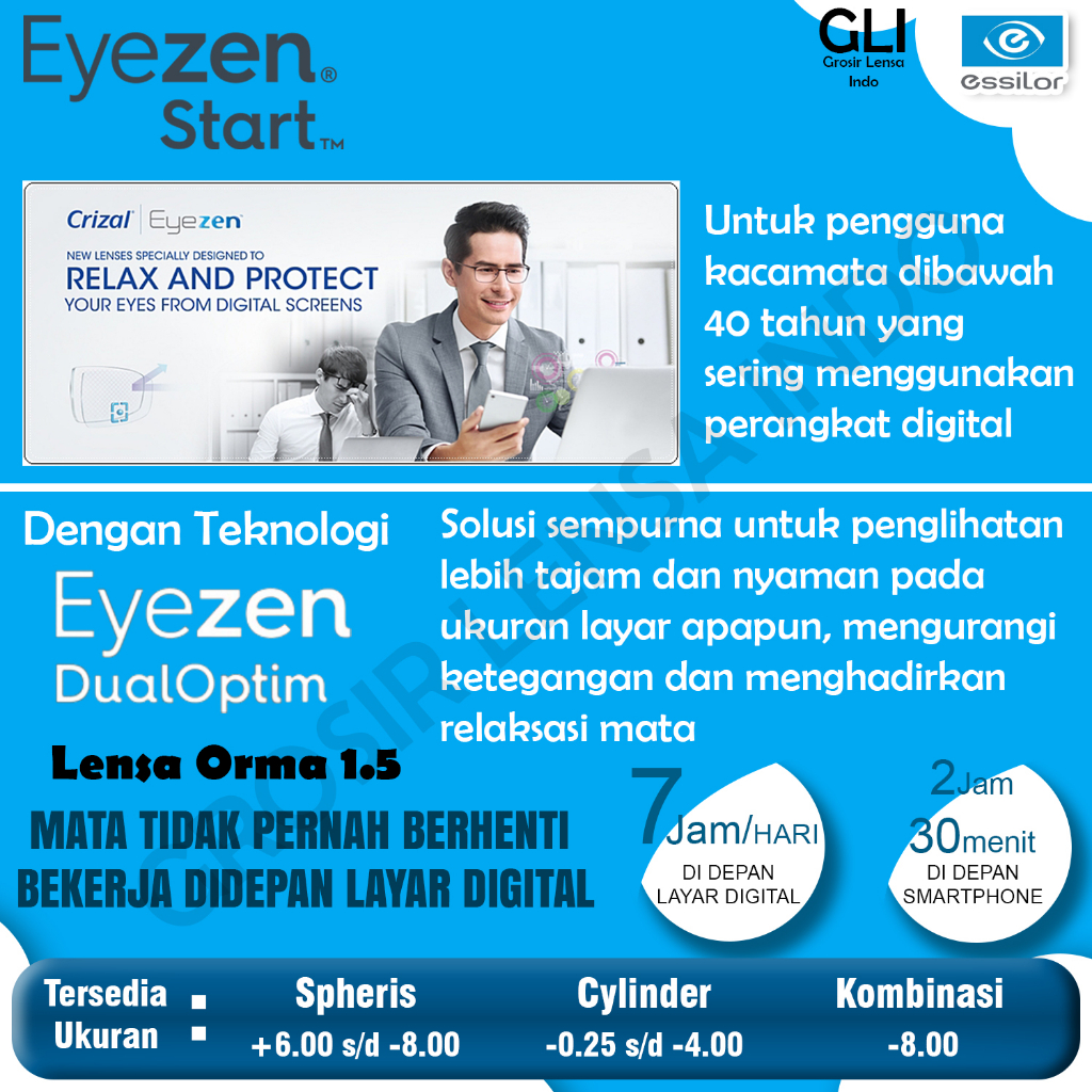 Lensa Essilor SV Eyezen Start Orma 1.5 Crizal Sapphire / Optifog / Prevencia