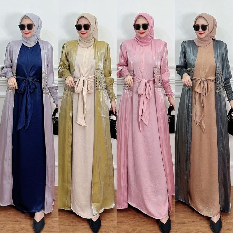LAYALI SET OUTER ORIGINAL GAMIS MUSLIM SHIMMER IMPORT INNER SANTORINI SILK PREMIUM BUSANA MUSLIMAH O