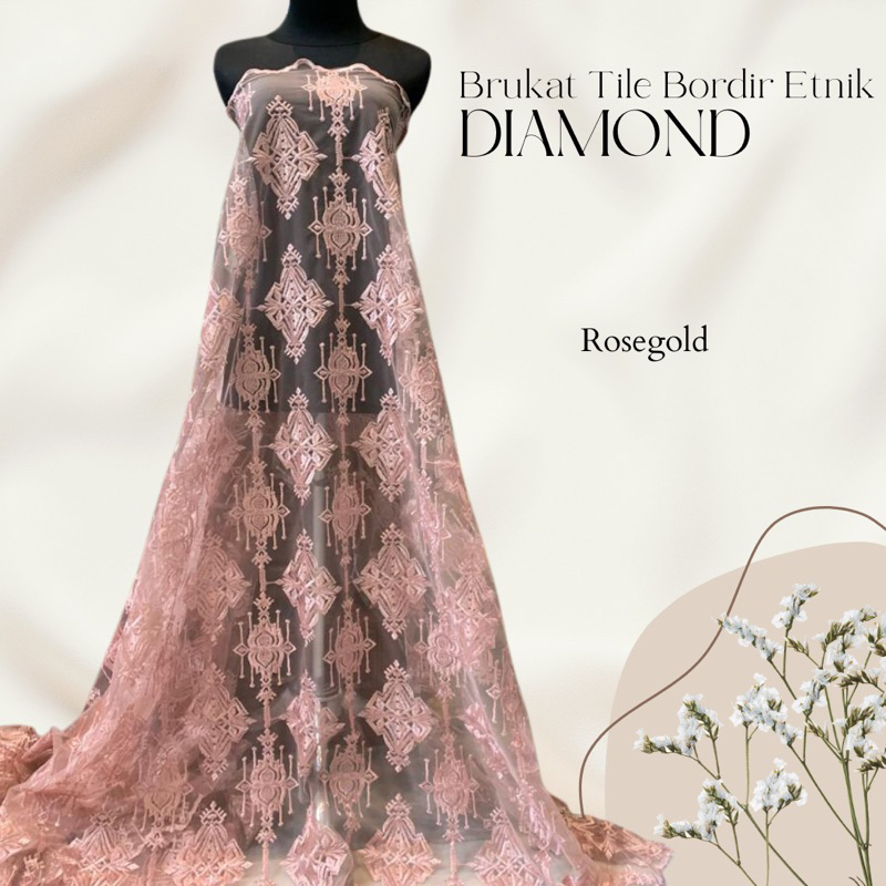 Bahan Kain Kebaya Brokat Tile Bordir Timbul Motif Diamond Mewah Warna Pink Rosegold