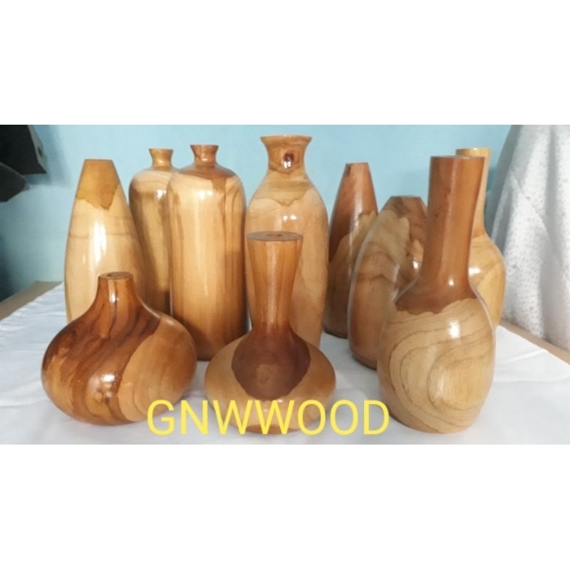 VAS BUNGA KAYU JATI ASLI ARTISTIK HANDMADE NATURAL