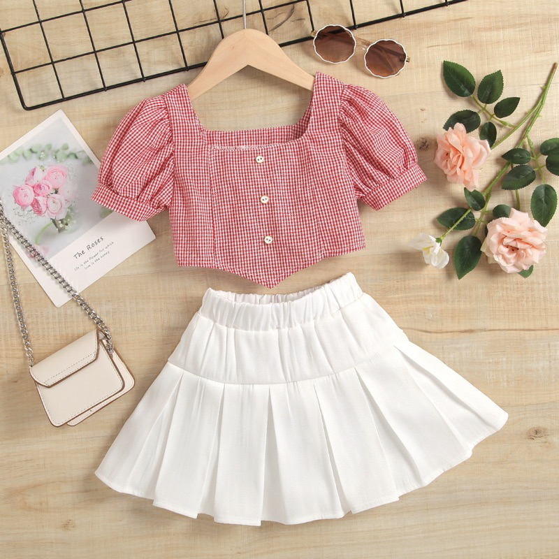 (4-6 TAHUN) Setelan Merah Putih Crop Top Anak Perempuan Import | Dress Merah Putih Anak Perempuan | 
