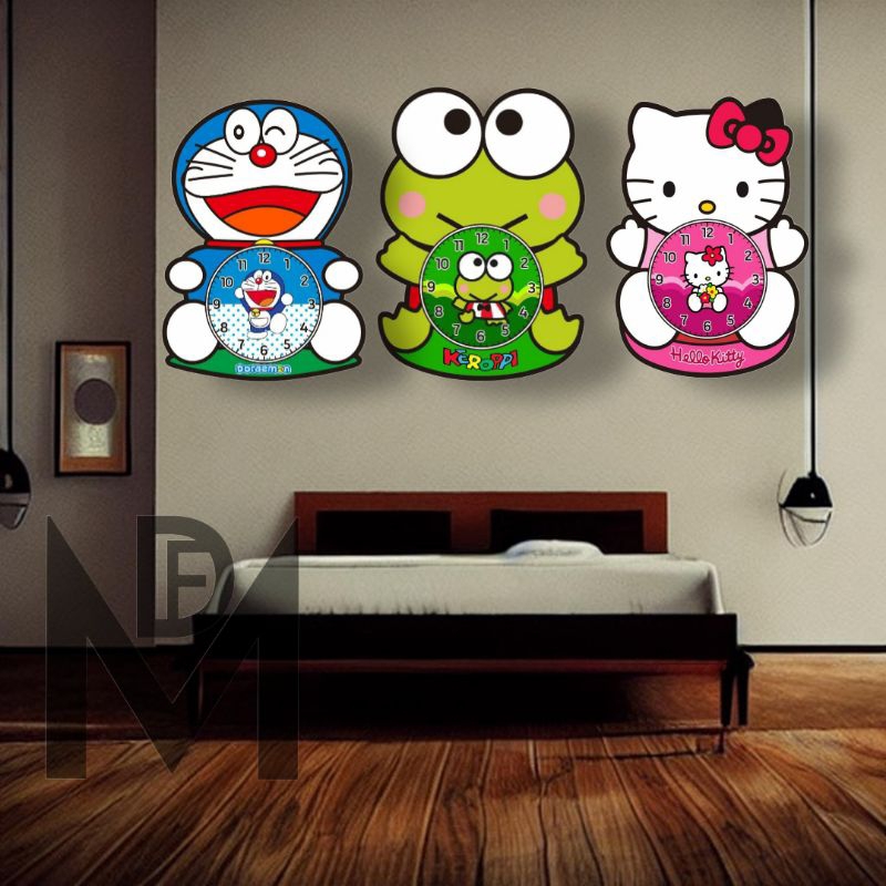 Jam Dekorasi Hiasan Dinding Karakter Unik Lucu Animasi Doraemon Hello Kitty Keropi Diameter 30x45cm