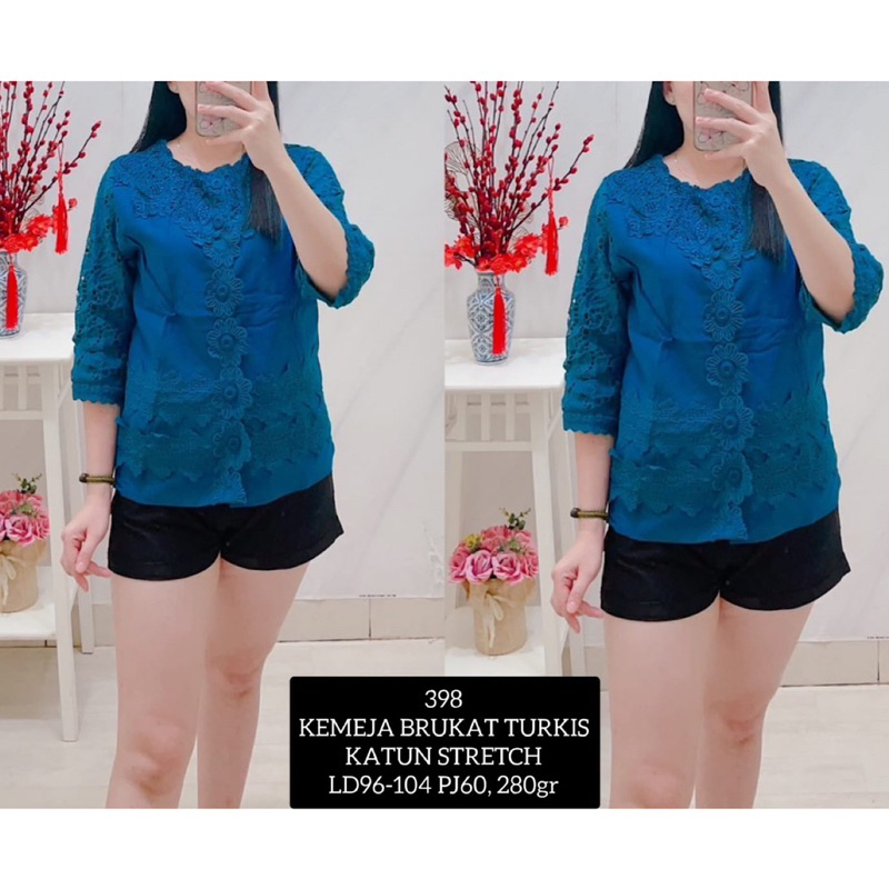 KLV Atasan Blus Katun Stretch Wanita Import Buka Kancing Lengan 7/8 - 398