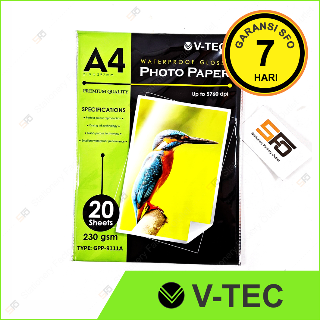 

Waterproof Glossy Photo Paper V-Tec A4 230 Gsm - Kertas Foto 230 gsm