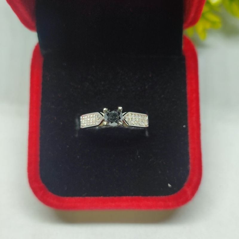 cincin wanita ikat emas putih 400/40% mata utama berlian hitam samping berlian eropa asli