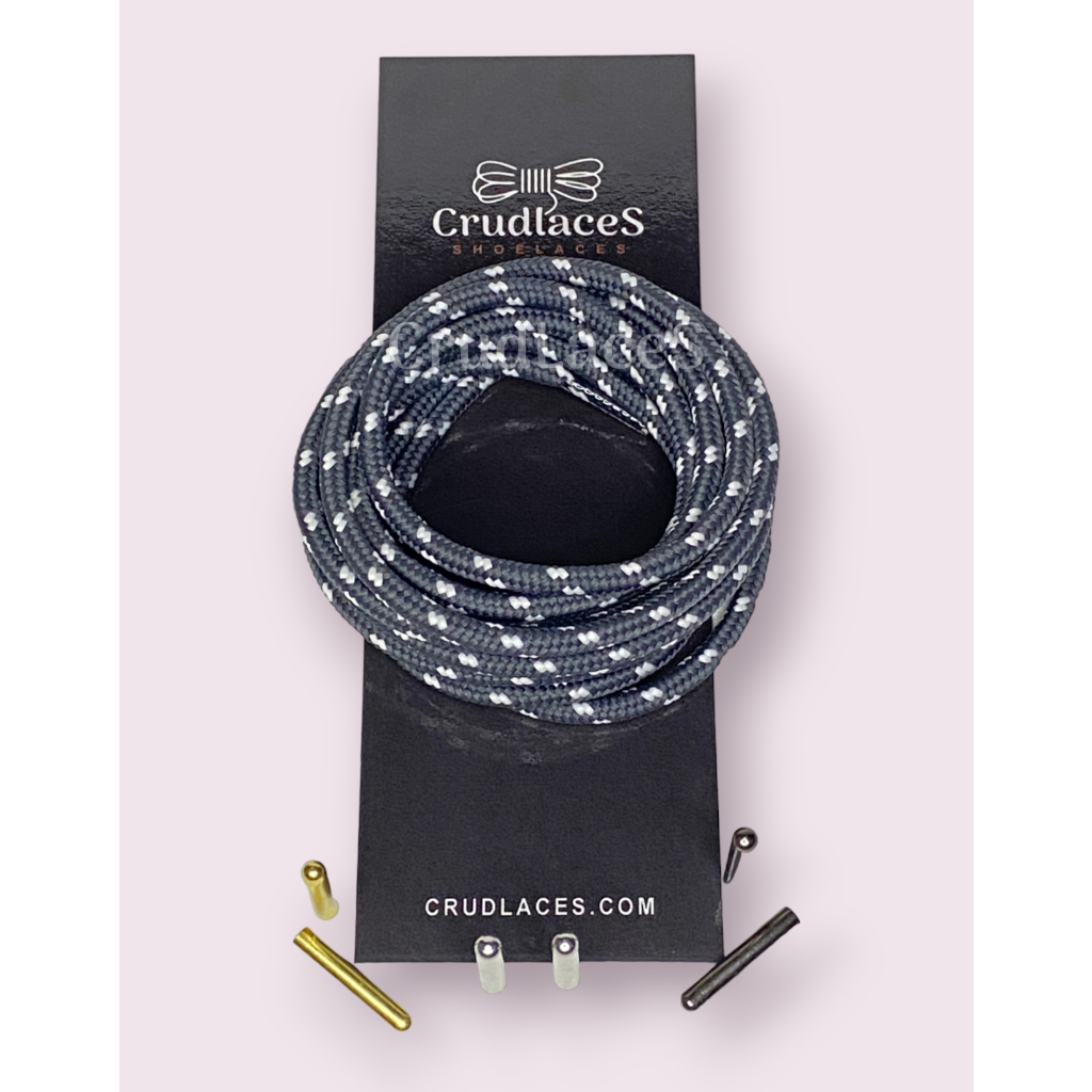 Tali Sepatu Gunung Premium Bulat Abu-abu Grey Motif Putih - Round Shoelace Ujung Tali Aglets Metal B