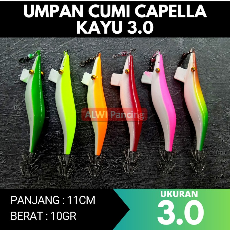 Umpan Capella Kayu 3.0 (11cm) Besar Squid Jig Umpan Cumi Bahan Kayu Handmade