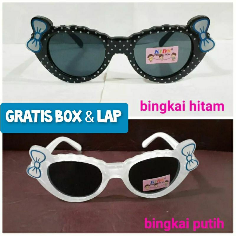 Kacamata hitam anak fashion sunglasses polkadot model pita manis putih gratis kotak box kacamata