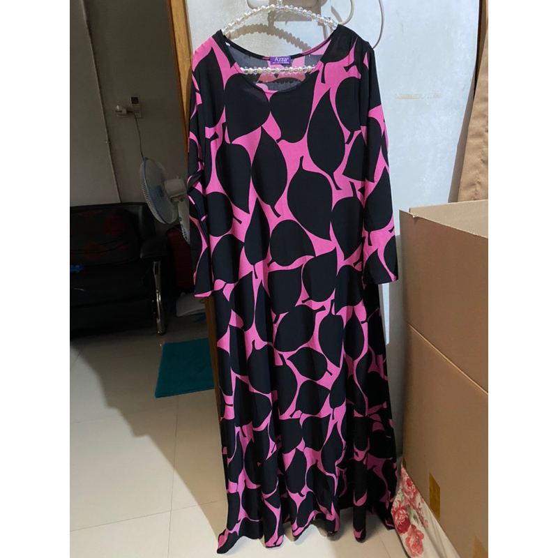 Preloved Azza Dress Muslim Original Hitam Pink Daun Jersey Gamis Payung Dingin Motif Kotak Bunga