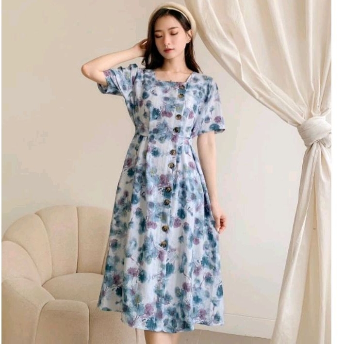 【BISA COD】Yura Dress Flower Dress Style Puffy Maxi Dress Midi motif bunga dress Crinkle premium Wanita lengan pendek cocok undangan