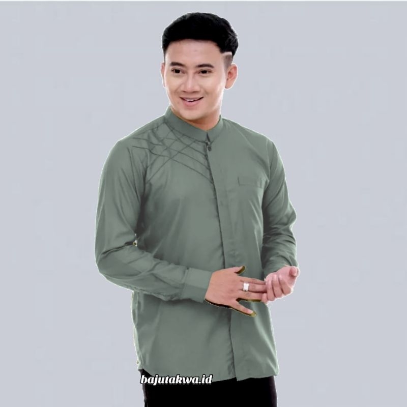 Elrumi Baju Koko Pria Lengan Panjang Terbaru Motif Marvel Warna Hijau Sage Green