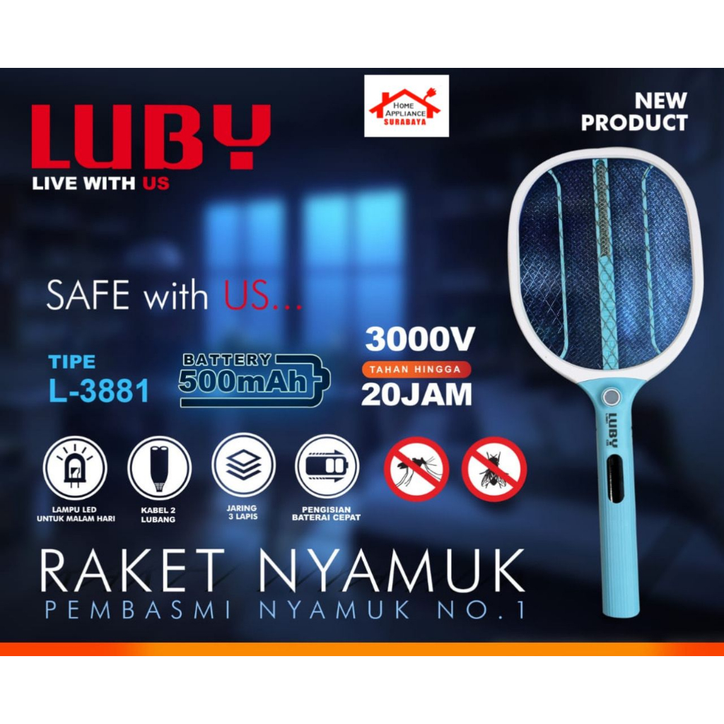 LUBY Raket Nyamuk Listrik Charger Baterai Lithium L-3881/3882/3883/3838/3839/3851/3852/3853/3865/387