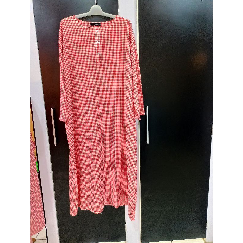 Gamis katun import ZANZEA kotak-kotak merah promo/jumbo size