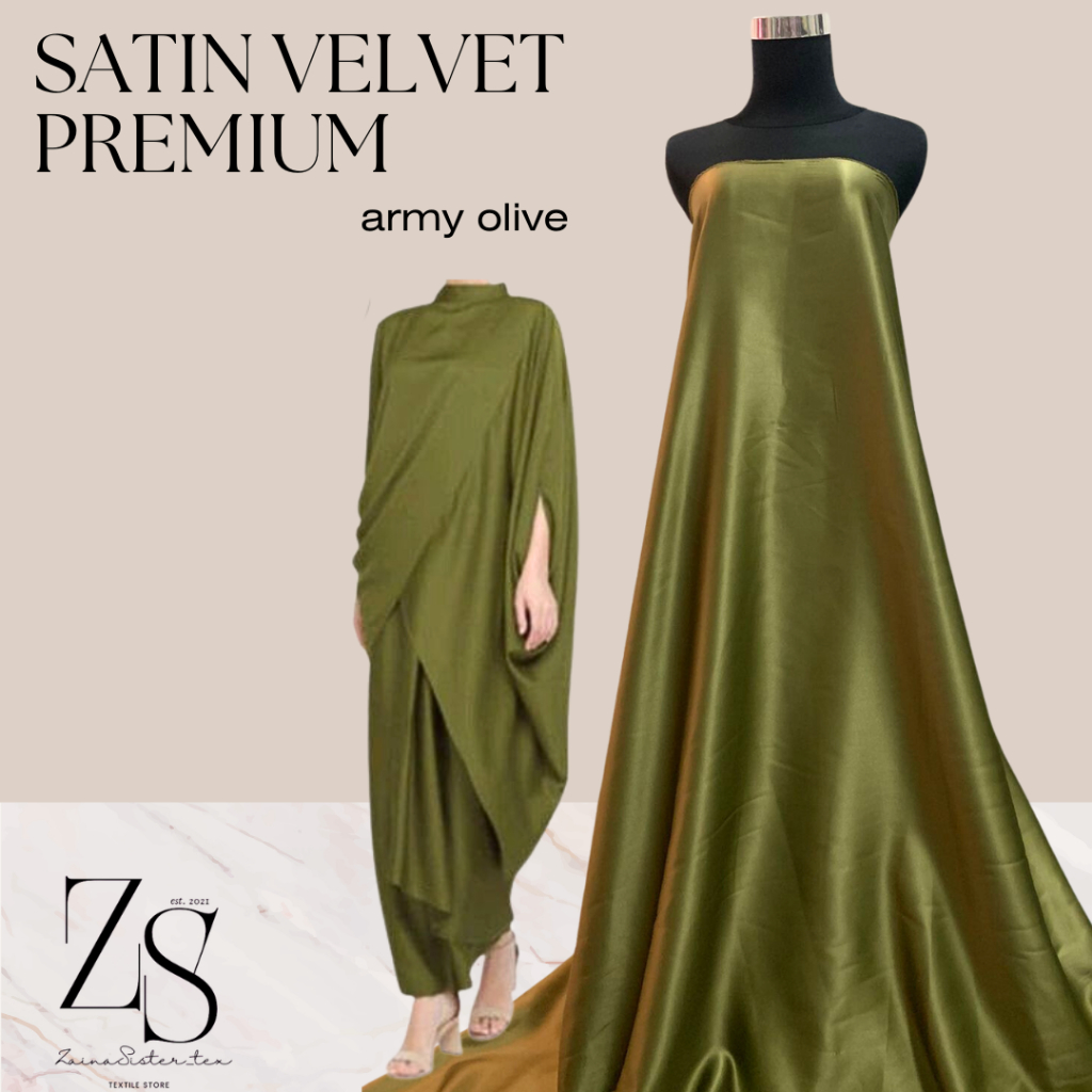 Bahan Kain Satin Velvet Premium Warna Hijau Army Olive Harga Setengah Meter
