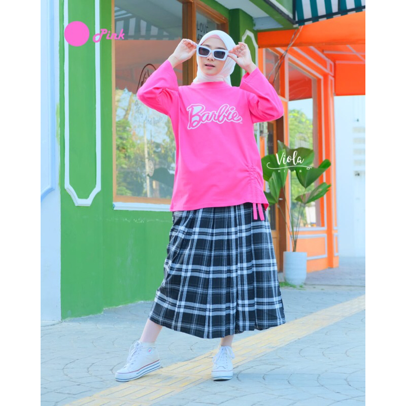 SETELAN ROK FLANEL KAOS BARBIE LENGAN PANJANG