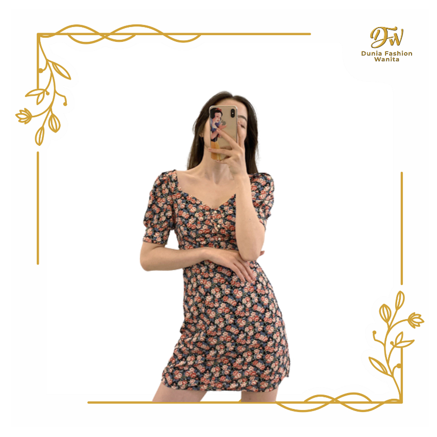 •DFW•  Dress Wanita Motif Bunga Lengan Pendek Korea Style Party Dres Long Sleeve