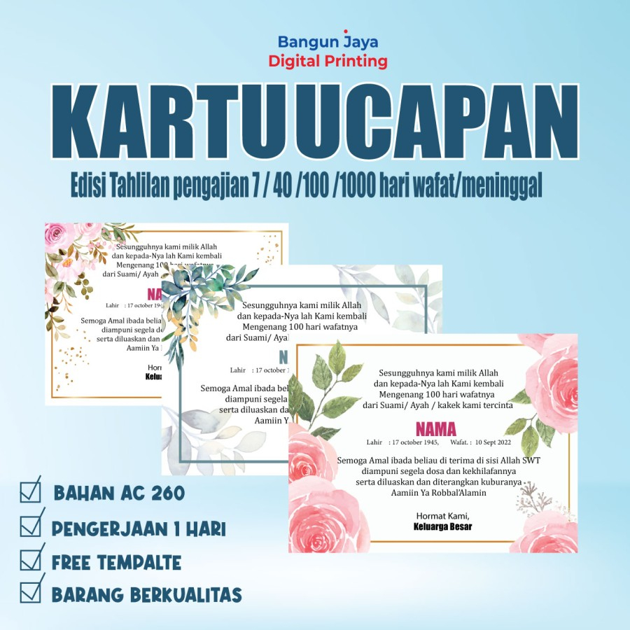 Kartu Ucapan Atau stiker mengenang Tahlilan pengajian 7 / 40 /100 /1000 hari wafat