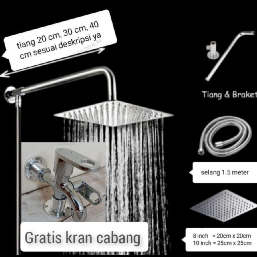 Paket Wall Shower 8inch Kotak + Kran cabang