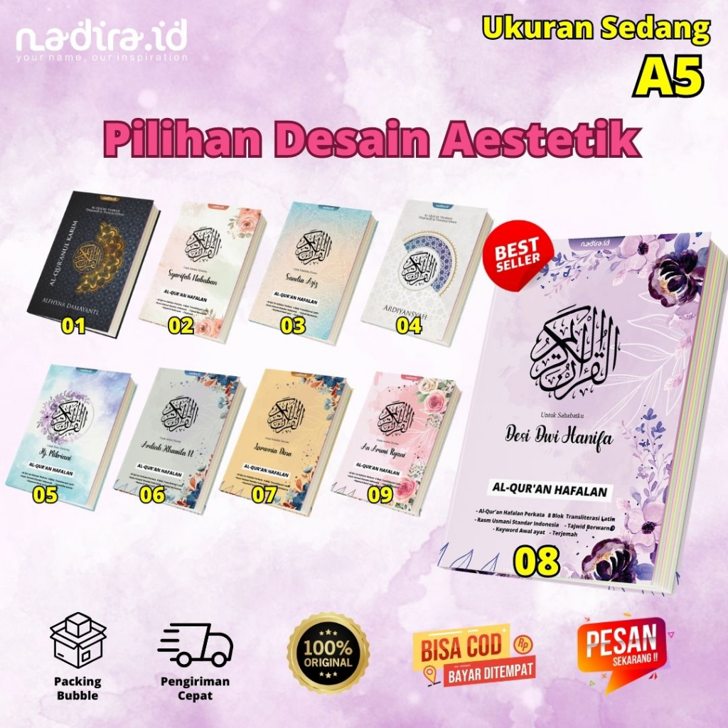 (QURAN CUSTOM NAMA)Gratis Tulis Nama Sendiri Bisa Untuk Hadiah atau Kado Tanpa PO Ukuran A5 Desain Cantik Fitur Lengkap Terjemah Perkata, 8 Blok Warna, Tajwid Berwarna, Latin Indonesia dan Lainnya