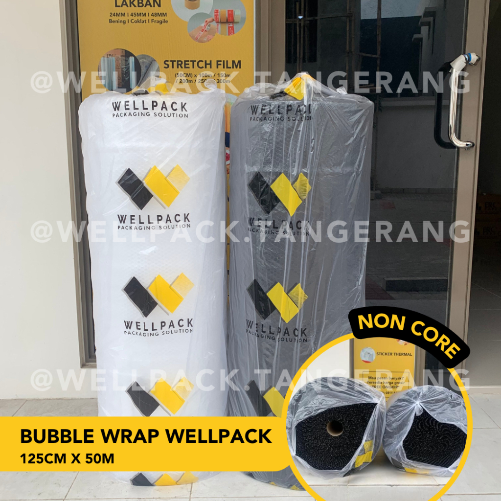 

Bubble Wrap Roll Packing Non Core / Coreless / Tanpa Core - Hitam & Bening - 3kg / 2,7kg /2,4kg - merek Wellpack(WP setara MP GMP) 125 x 50m / 125cm x 50m