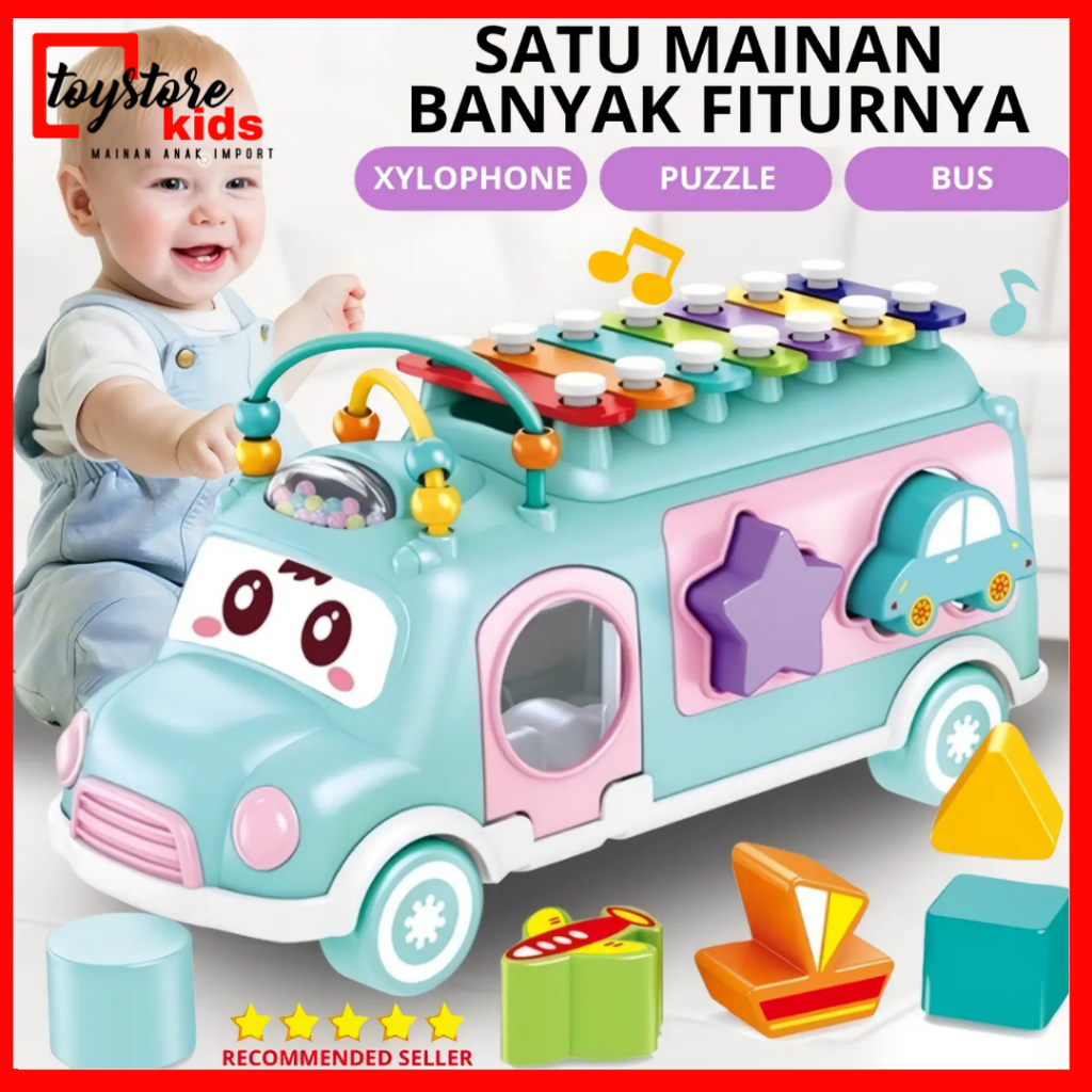 Mainan maenan bayi perempuan laki laki 3 4 5 6 12 bulan 1 tahun Xylophone Puzzle Bus