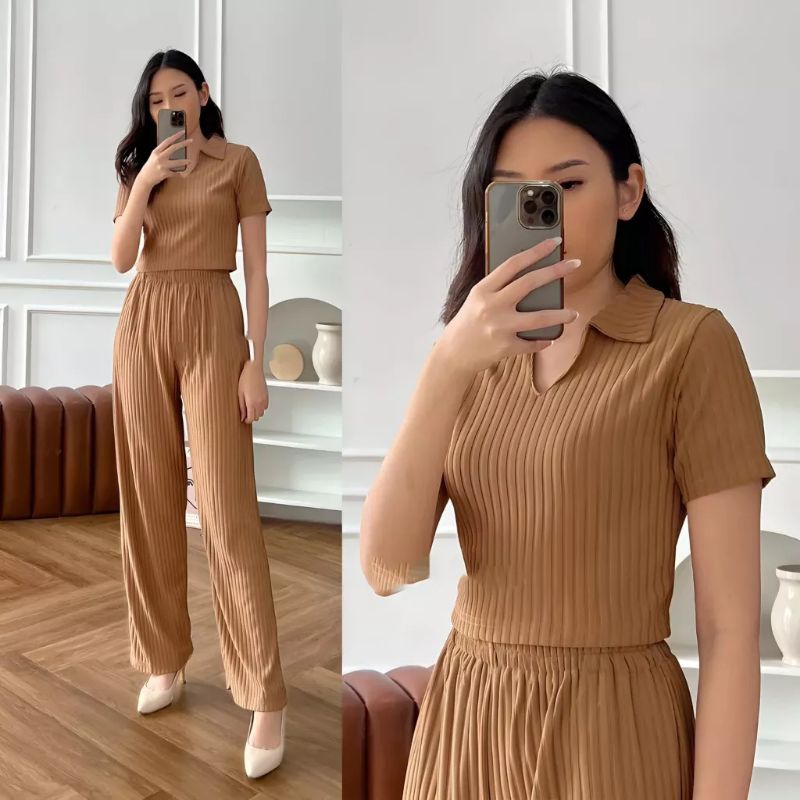 Siera one set crop korean setelan wanita polos bahan knit hornet