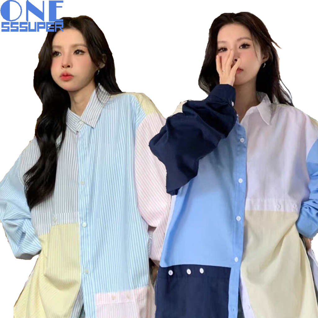 Wanita Korea Bagian Tipis Kotak-kotak Lengan Panjang Jahitan Kemeja Unisex Kemeja