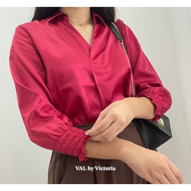 ELISA Satin Blouse V-Neck / Satin Top Kantor Bigsize Wanita / Blus Kerah Jumbo Wanita / Atasan Forma