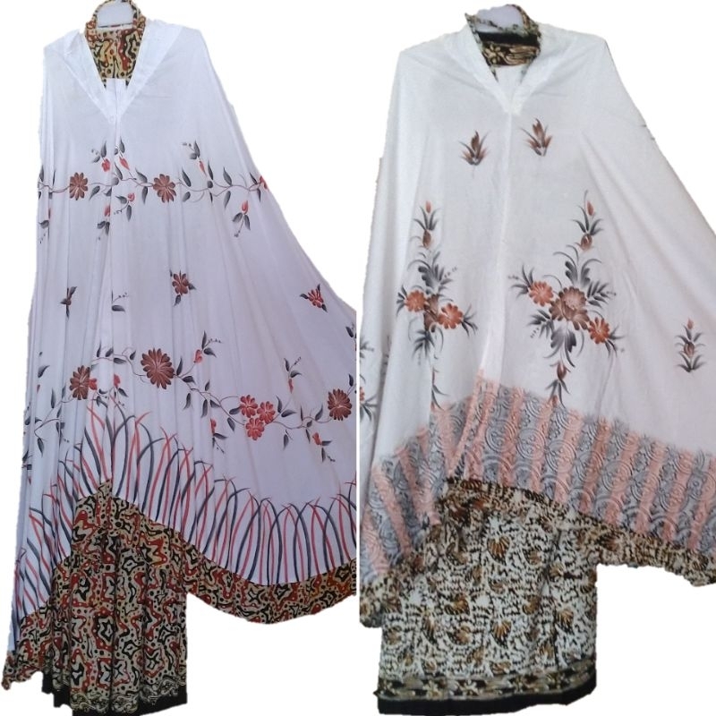 Mukena Dewasa Jumbo Batik Cap Rukuh Lukis Peralatan Sholat Wanita Atas Bawah Putih Motif