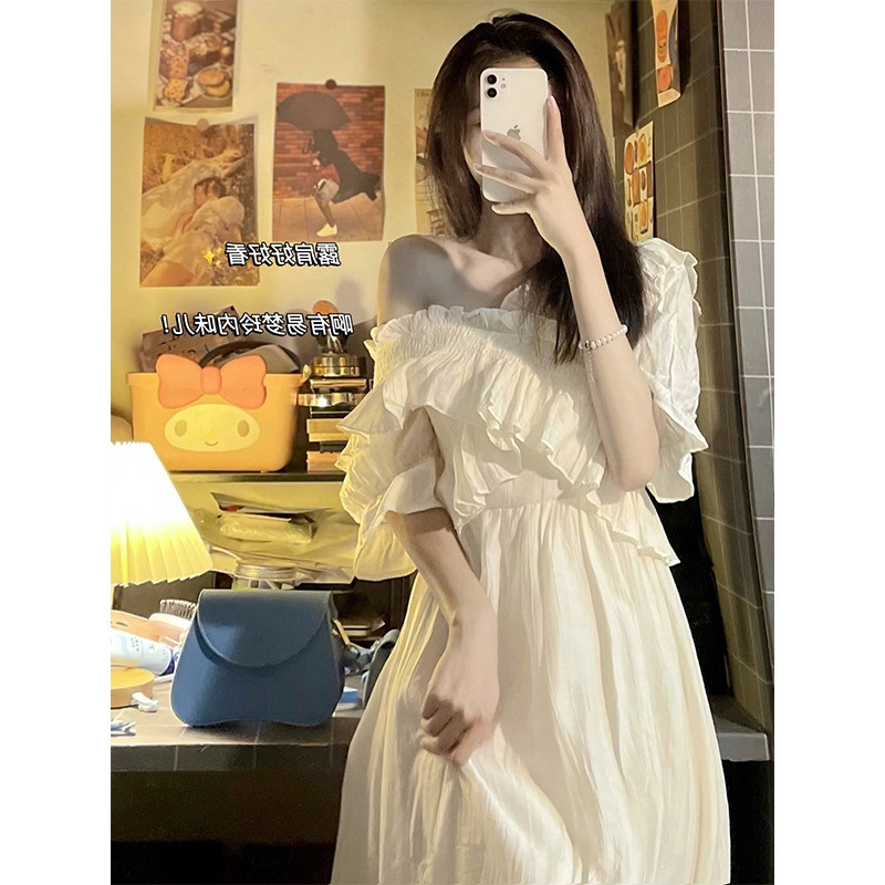 FW23-10804 Terusan Wanita.  Women's Fashion Ruffled Cross High Waist Sweet Dress