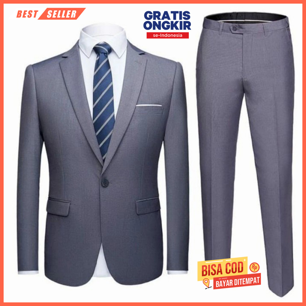 PROMO SETELAN JAS BLAZER PRIA SLIM FIT FORMAL CASUAL MODERN INCLUDE CELANA BAHAN WARNA ABU-ABU 2IN1 