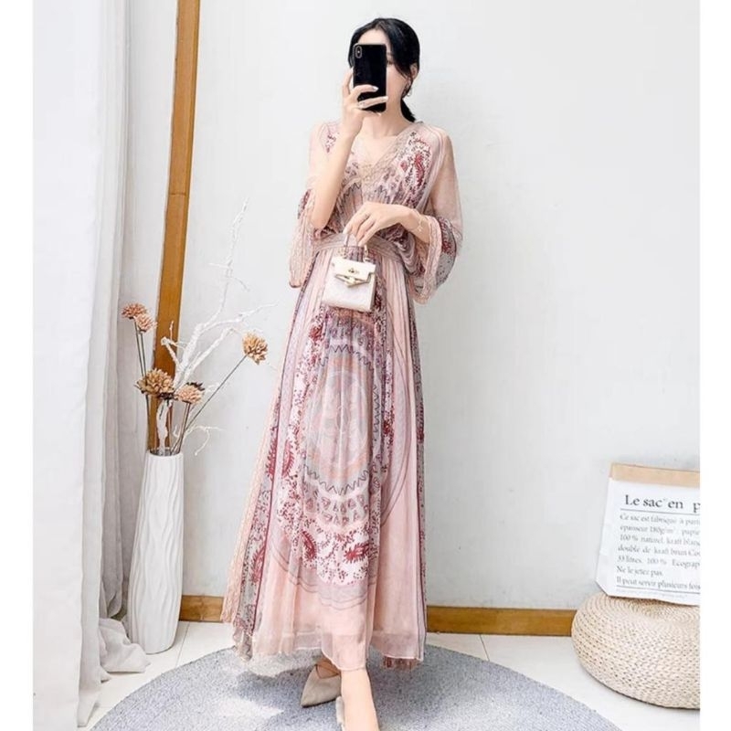 96690 Fashion maxi long dres dress model kimono cantik mewah bahan sifon adem pinggang karet smok ti