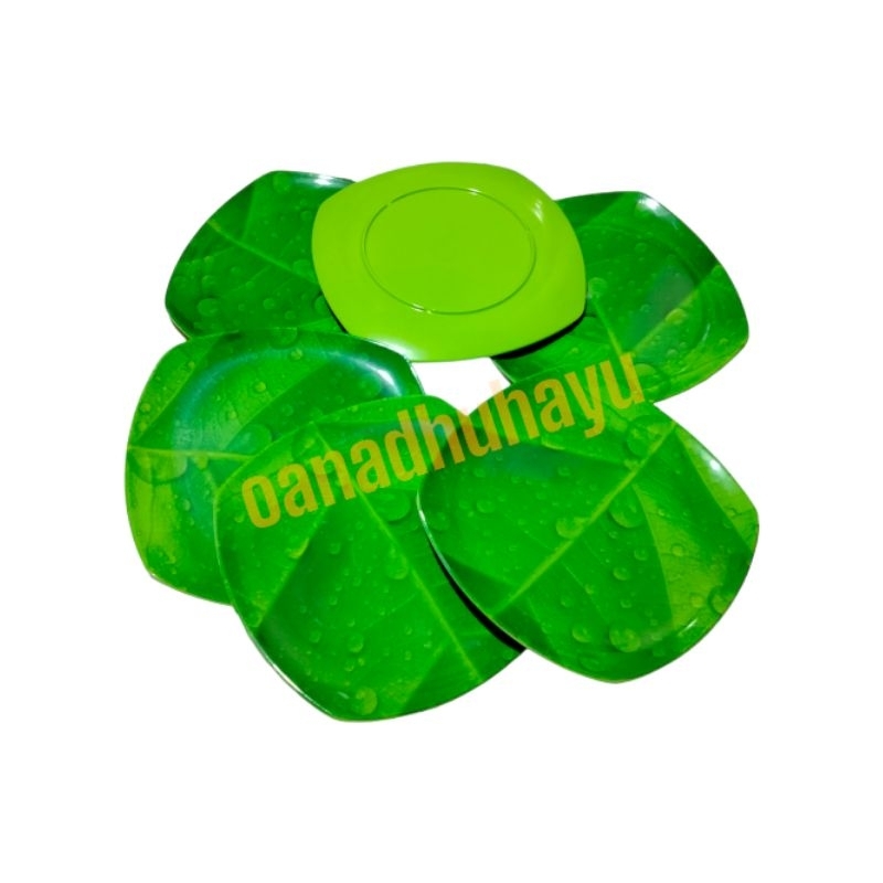 PIRING MELAMIN DAUN HIJAU SEGI  6 PCS PIRING MAKAN MELAMIN PIRING SEGI MELAMIN